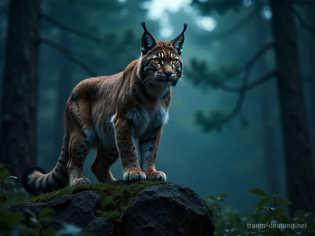 Traumsymbol Luchs: Ein majestätischer Luchs mit durchdringenden gelben Augen steht wachsam auf einem moosbewachsenen Stein in einem dichten, mondbeschienenen Wald.