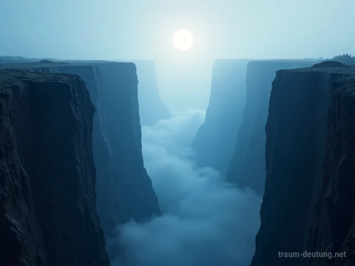 Traumsymbol Lücke: Eine tiefe, leere Schlucht erstreckt sich in einen nebligen Horizont unter mondbeschienenem Himmel mit zerklüfteten Felsformationen.