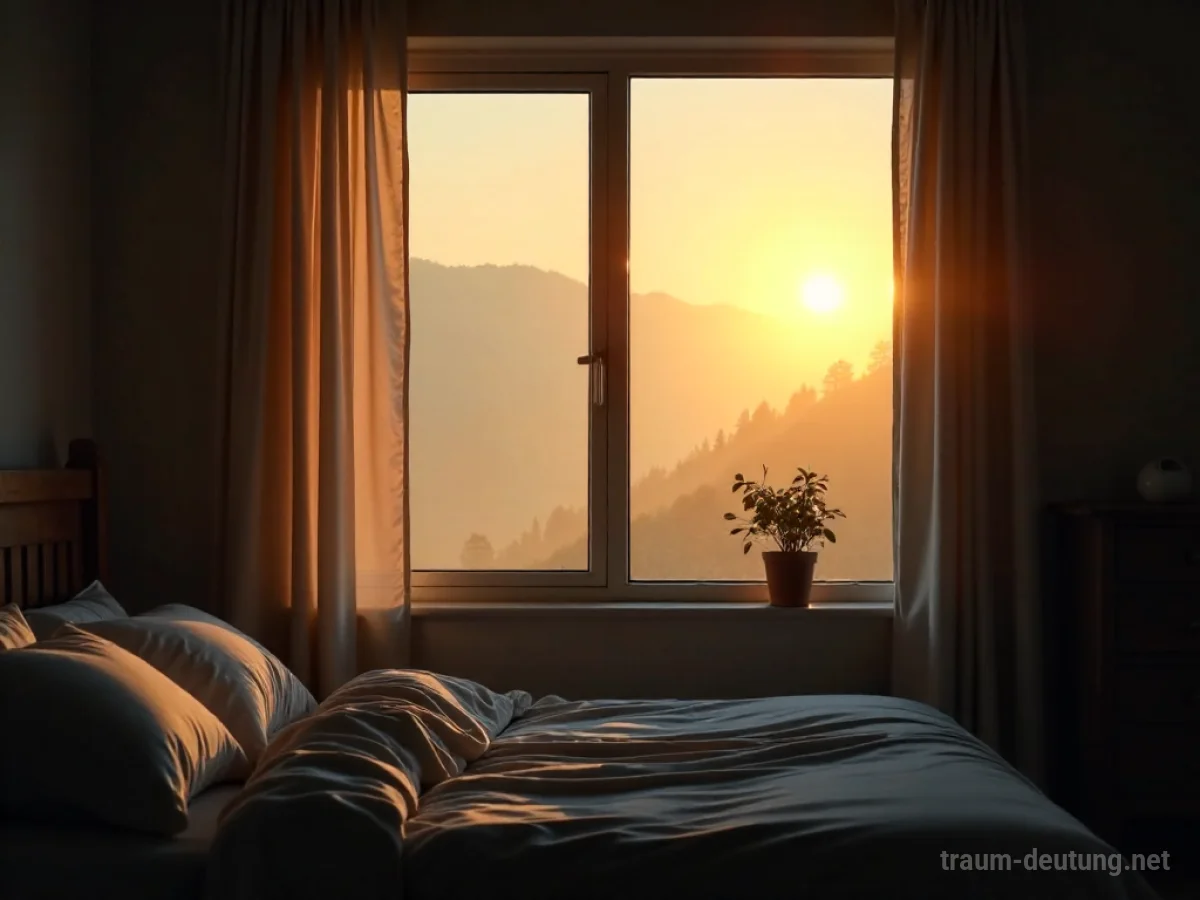 Traumsymbol Lüften: Ein geöffnetes Fenster in einem Schlafzimmer am frühen Morgen, durch das kühle Morgennebel hereinzieht und sanfte Sonnenstrahlen den Raum erhellen.