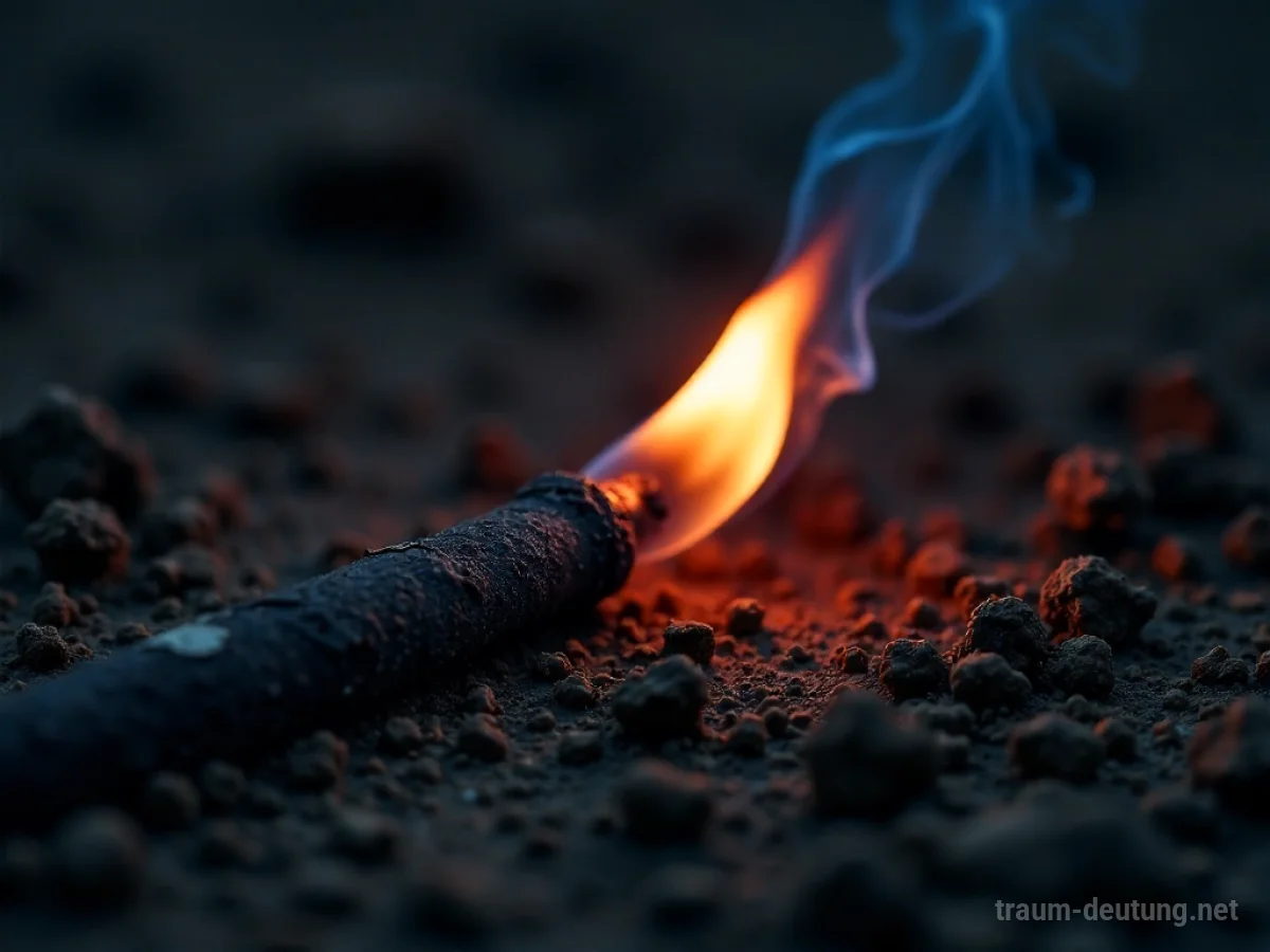 Traumsymbol Lunte: Eine glühende Lunte liegt auf dunkler, trockener Erde, mit feinem Rauch, der aufsteigt, und dramatischem, stimmungsvollem Licht.