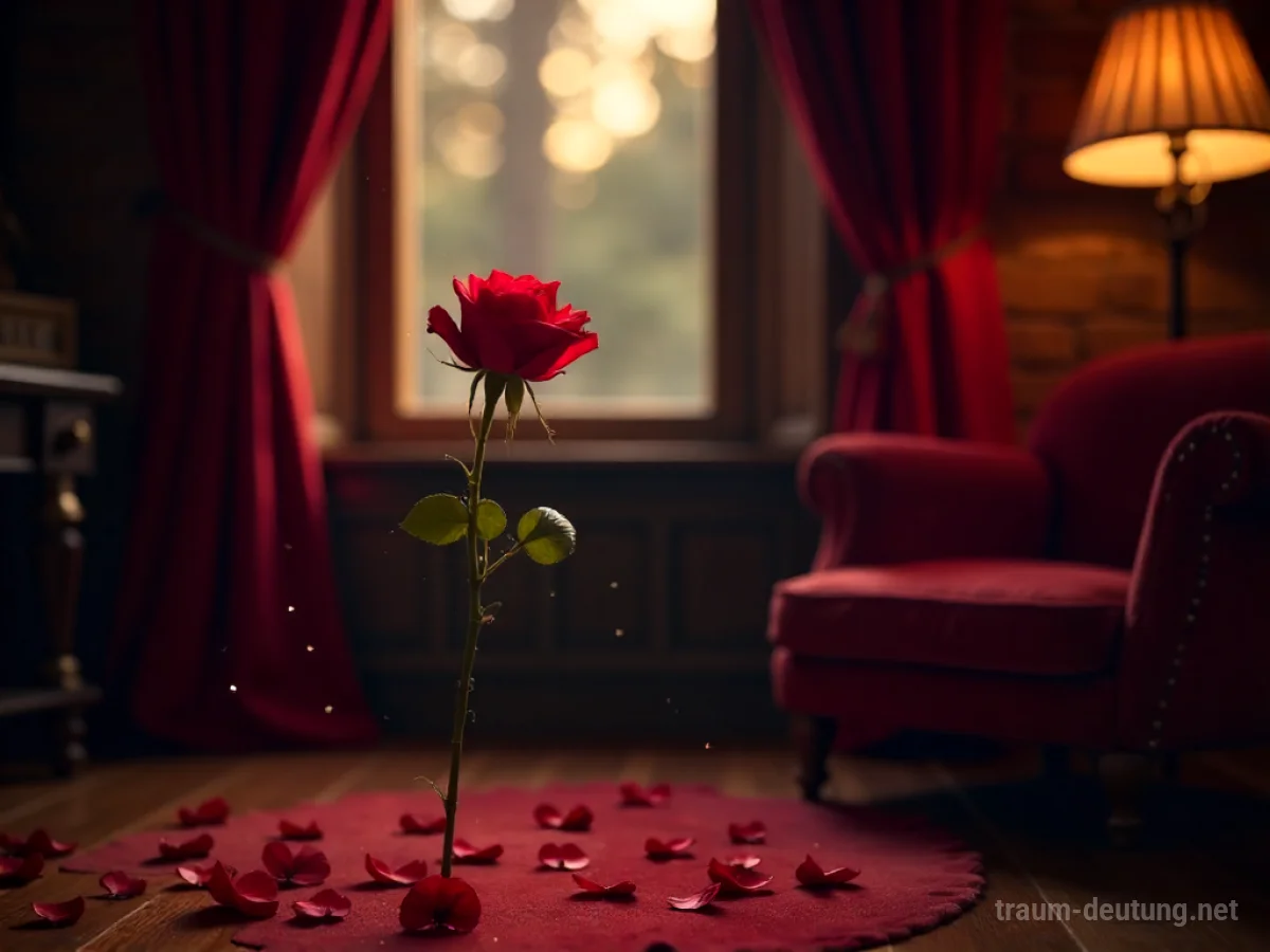 Traumsymbol Lust: Eine einzelne, leuchtend rote Rose entfaltet sich in einem schattigen Boudoir, beleuchtet von einem Mondlichtstrahl.