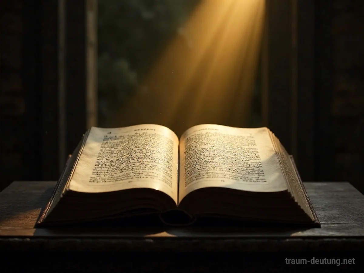 Traumdeutung Luther: Ein aufgeschlagenes, altes Buch mit deutscher Schrift liegt auf einem hölzernen Lesepult im Schein eines goldenen Lichtstrahls.