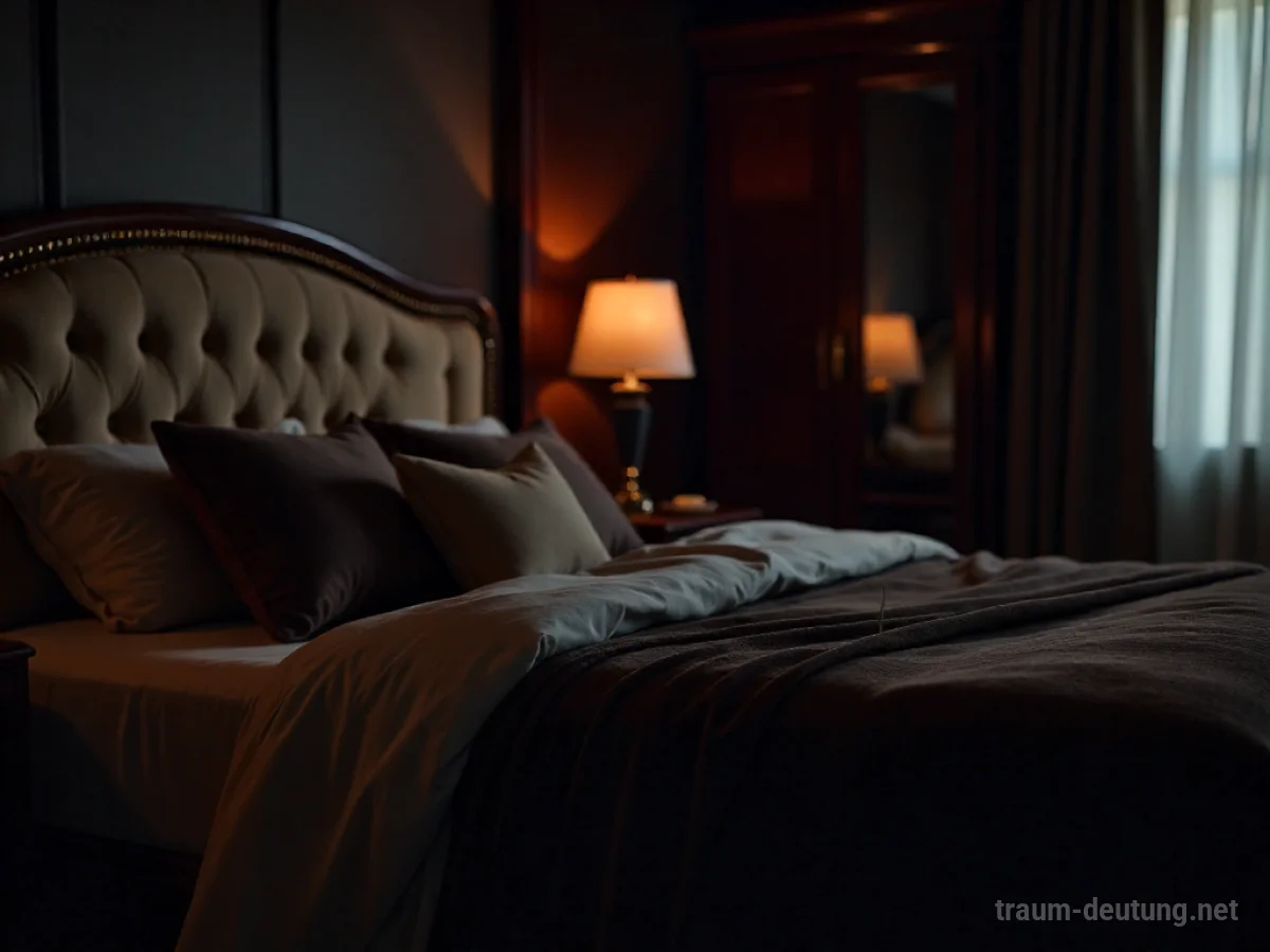 Traumsymbol Luxus: Ein opulentes Schlafzimmer mit Samtbetten und einem funkelnden Diamanten im Scheinwerferlicht.