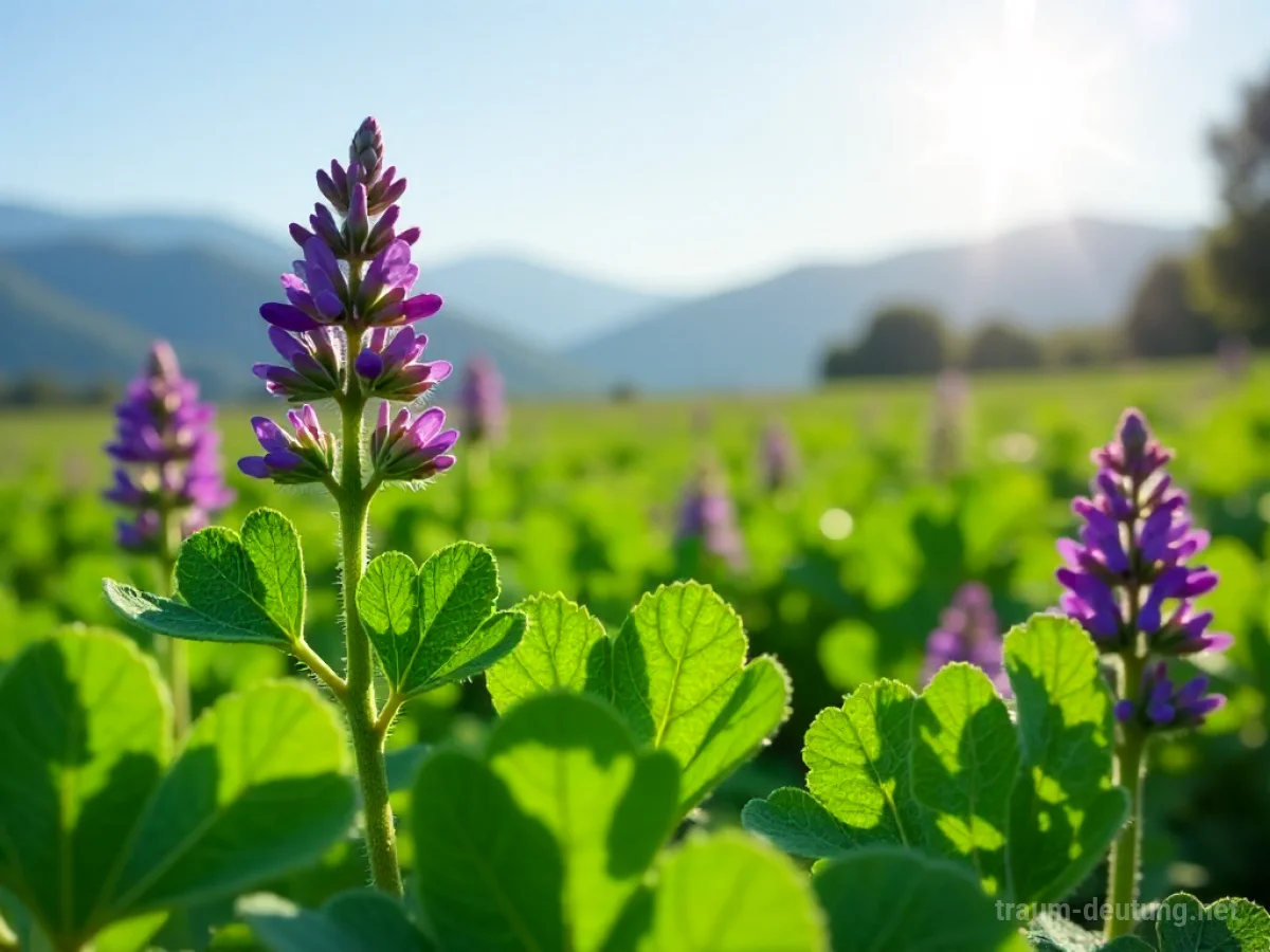 Traumsymbol Luzerne: Ein nah aufgenommenes, fotorealistisches Feld aus leuchtend grüner Luzerne mit violetten Blüten unter strahlendem Sonnenlicht, mit glitzernden Tautropfen auf den Blättern.