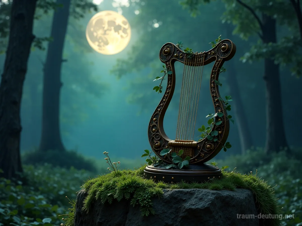 Traumsymbol Lyra: Eine antike, verzierte Lyra ruht auf einem moosbewachsenen Steinsockel in einer mondbeschienenen Waldlichtung, umrankt von leuchtenden Ranken.