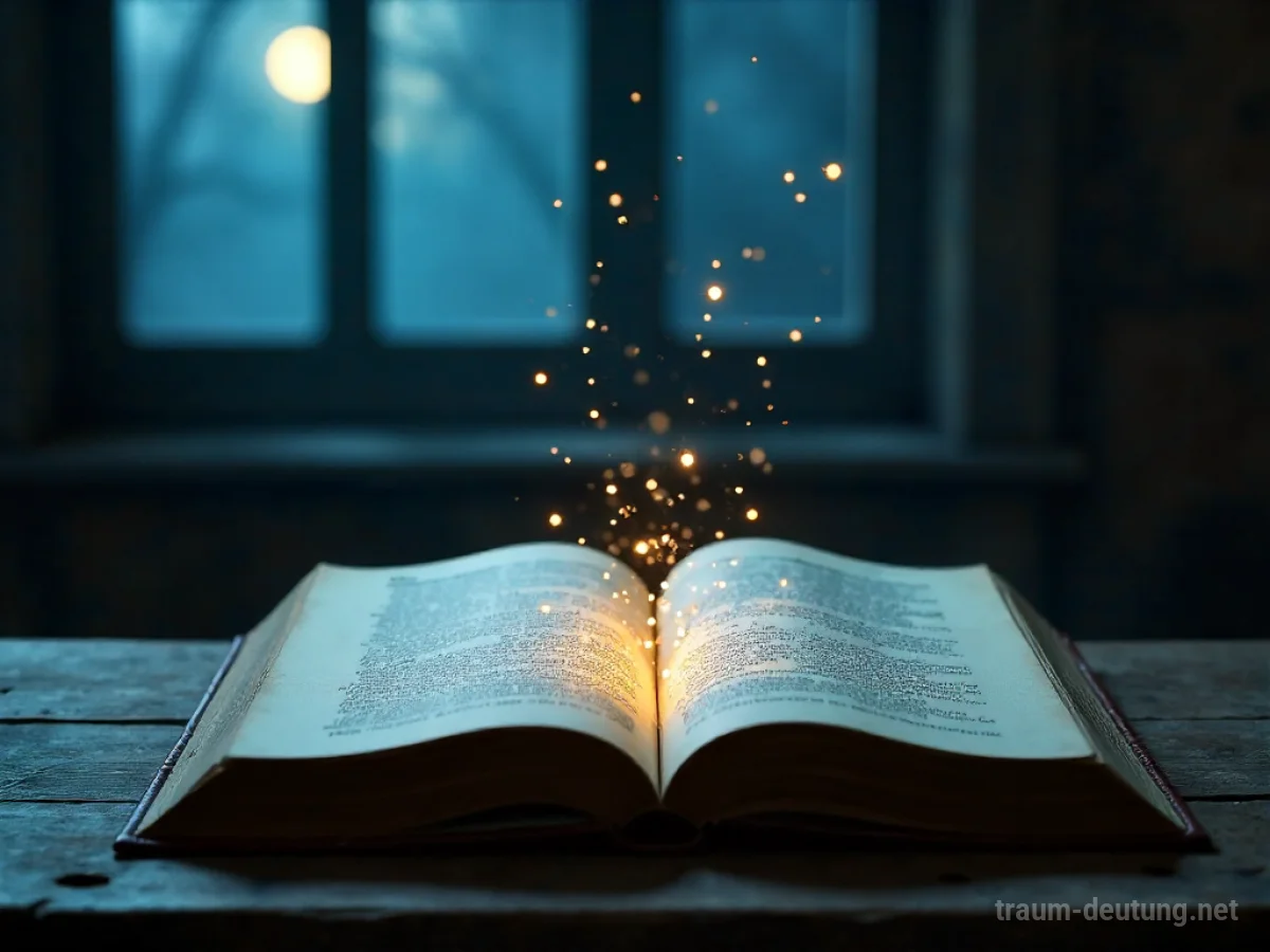 Traumsymbol Lyrik: Ein altes Buch mit schwebenden, leuchtenden Gedichtzeilen im Mondlicht auf einem Holztisch.