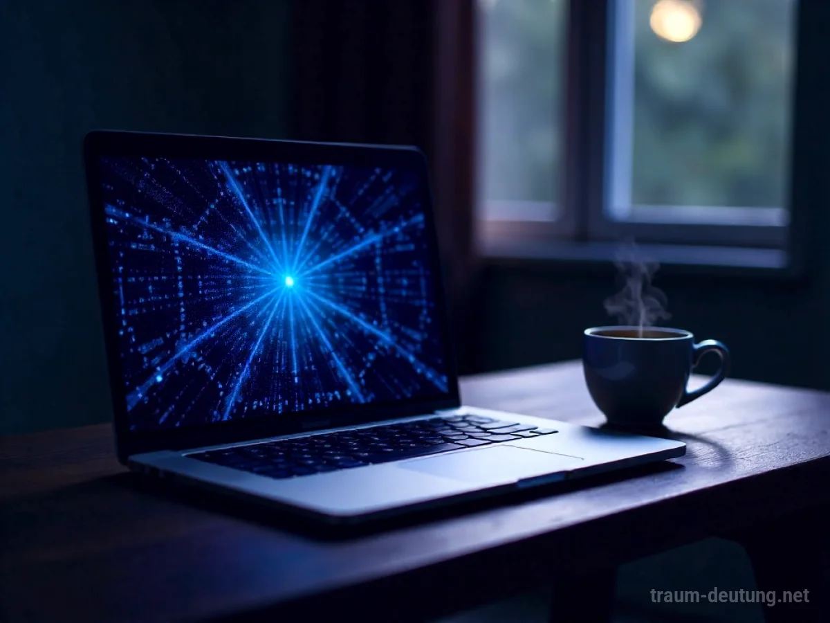 Traumsymbol MacBook: Ein geöffnetes, leuchtendes MacBook liegt auf einem dunklen Holztisch im Mondlicht, daneben eine Tasse Kaffee.
