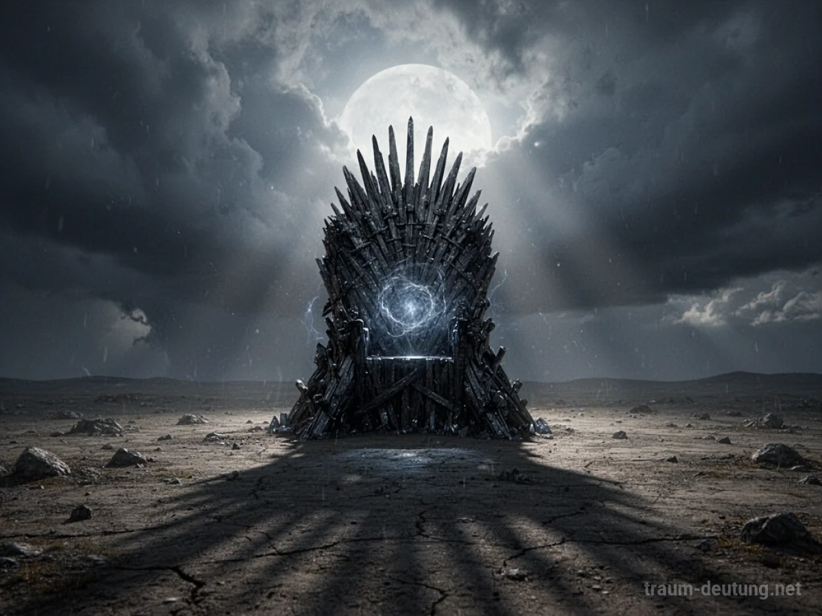 Traumsymbol Macht: Ein imposanter Obsidian-Thron steht auf einem sturmgepeitschten Plateau unter dramatischem Mondlicht, das seine dunkle Oberfläche beleuchtet.