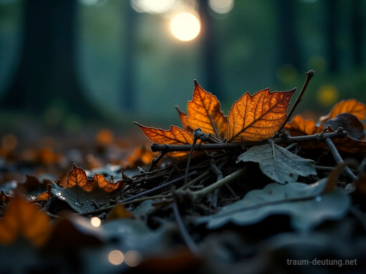 Traumdeutung Made: Ein Haufen welker Blätter und Zweige liegt im sanften Mondlicht eines dunklen Waldes, taufrisch und verrottend.