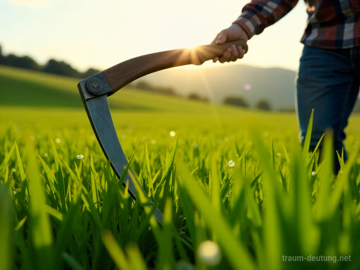 Traumsymbol Mähen: Eine alte Sense mit glänzender Klinge schwungvoll im Morgentau über sattgrünes Gras. Im Hintergrund sanfte Hügel im warmen Morgenlicht.