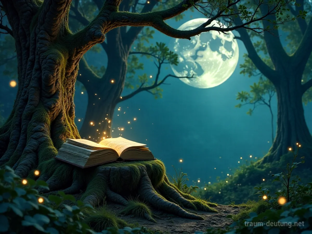Traumdeutung Märchen: Ein verzauberter Wald im Mondlicht mit einem alten Buch auf einem Stein, das magische Geschichten erzählt.