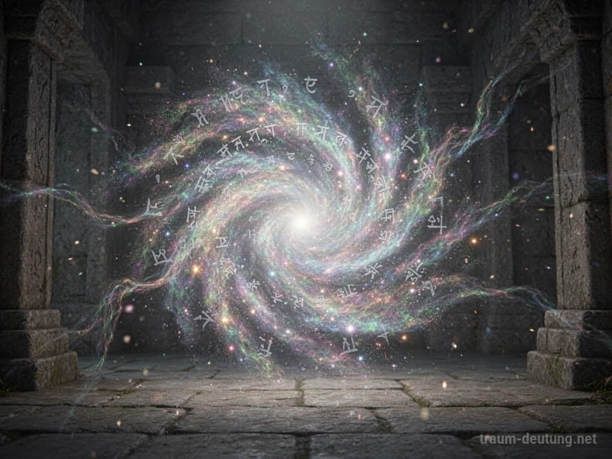 Traumsymbol Magie: Ein wirbelnder Strudel aus kosmischem Staub und Sternenlicht, aus dem leuchtende Runen und Energie ranken, in einer antiken Steinkammer.