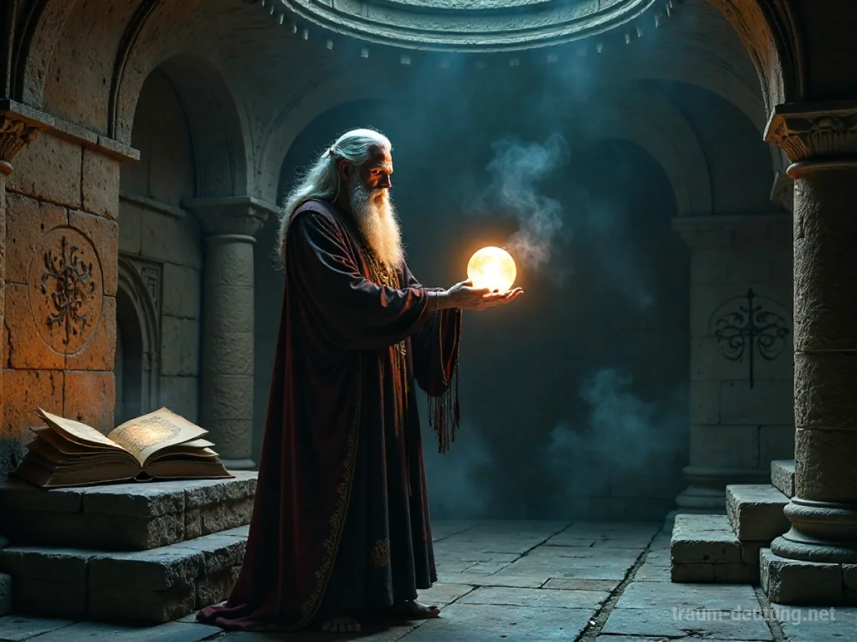Traumsymbol Magier: Ein weiser, alter Magier mit Bart hält eine leuchtende Kugel in einer mystischen Kammer.