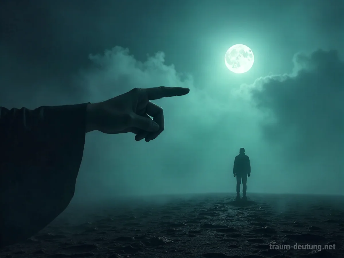 Traumsymbol Mahnung: Eine geisterhafte, durchscheinende Hand zeigt mit dem Finger aus dichtem Nebel auf eine einsame Figur in einer mondbeschienenen, öden Landschaft.