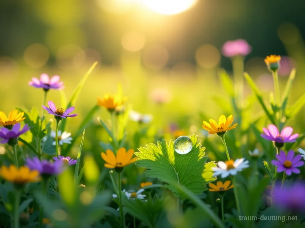 Traumsymbol Mai: Eine sonnengetränkte Wiese mit bunten Wildblumen und einem einzelnen Tautropfen auf einem Blatt im sanften Nachmittagslicht.