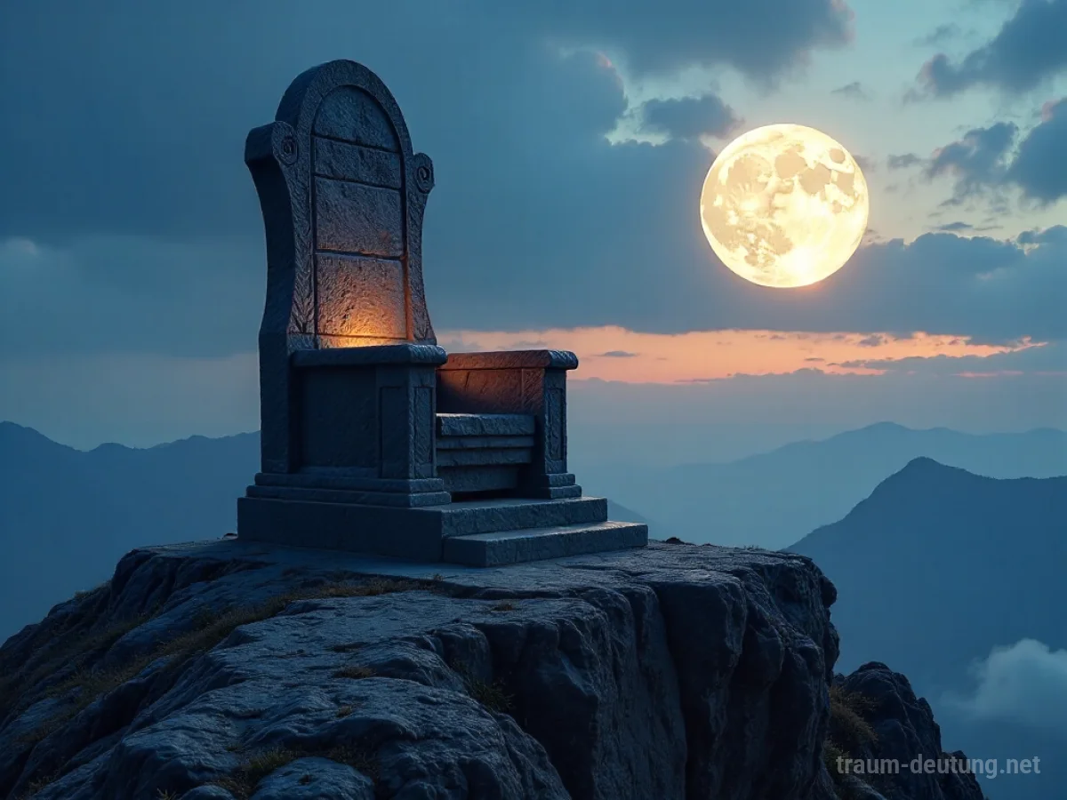 Traumsymbol Majestät: Ein erhabener Steinthron auf einem einsamen Berggipfel unter dramatischem Dämmerungshimmel, beleuchtet von ätherischem Mondlicht.