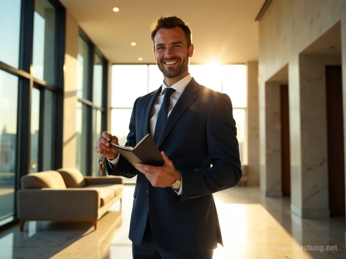 Traumdeutung Makler: Ein professioneller Immobilienmakler in einem modernen Büro mit Schlüsseln und Broschüre, im hellen Sonnenlicht.