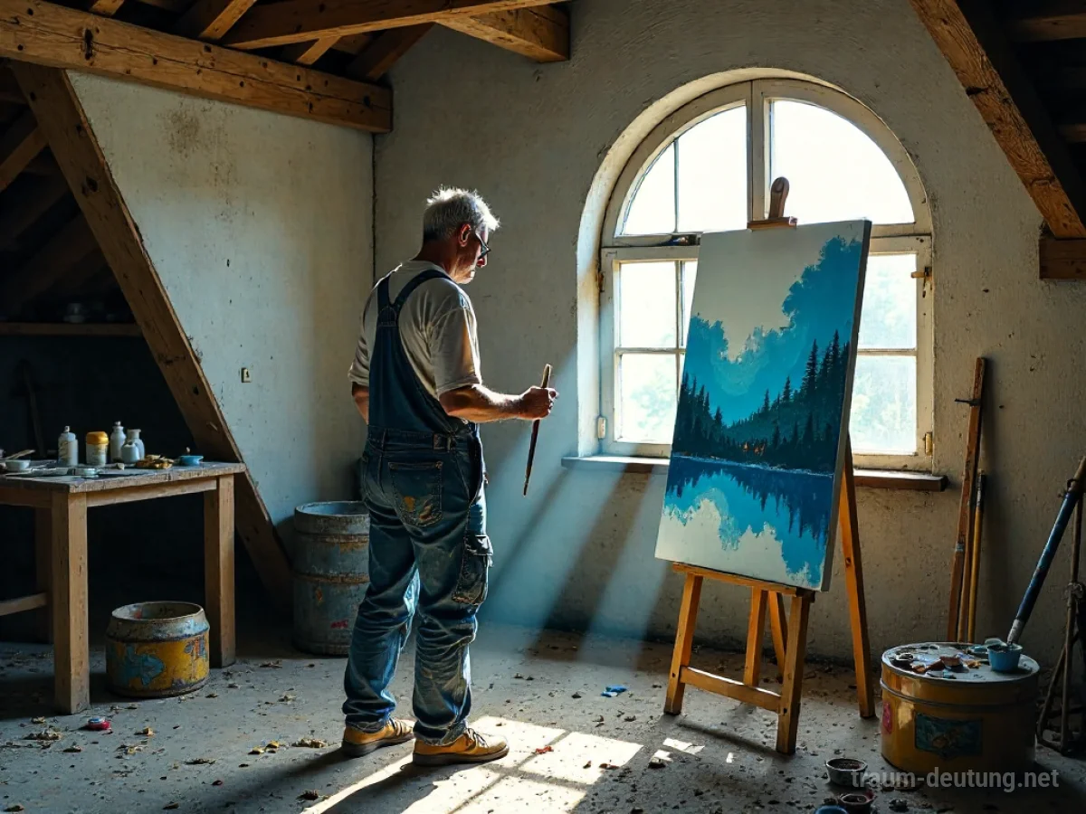 Traumsymbol Maler: Ein nachdenklicher Maler steht in seinem sonnenbeschienenen Atelier vor einer unvollendeten Leinwand und hält einen Pinsel bereit.