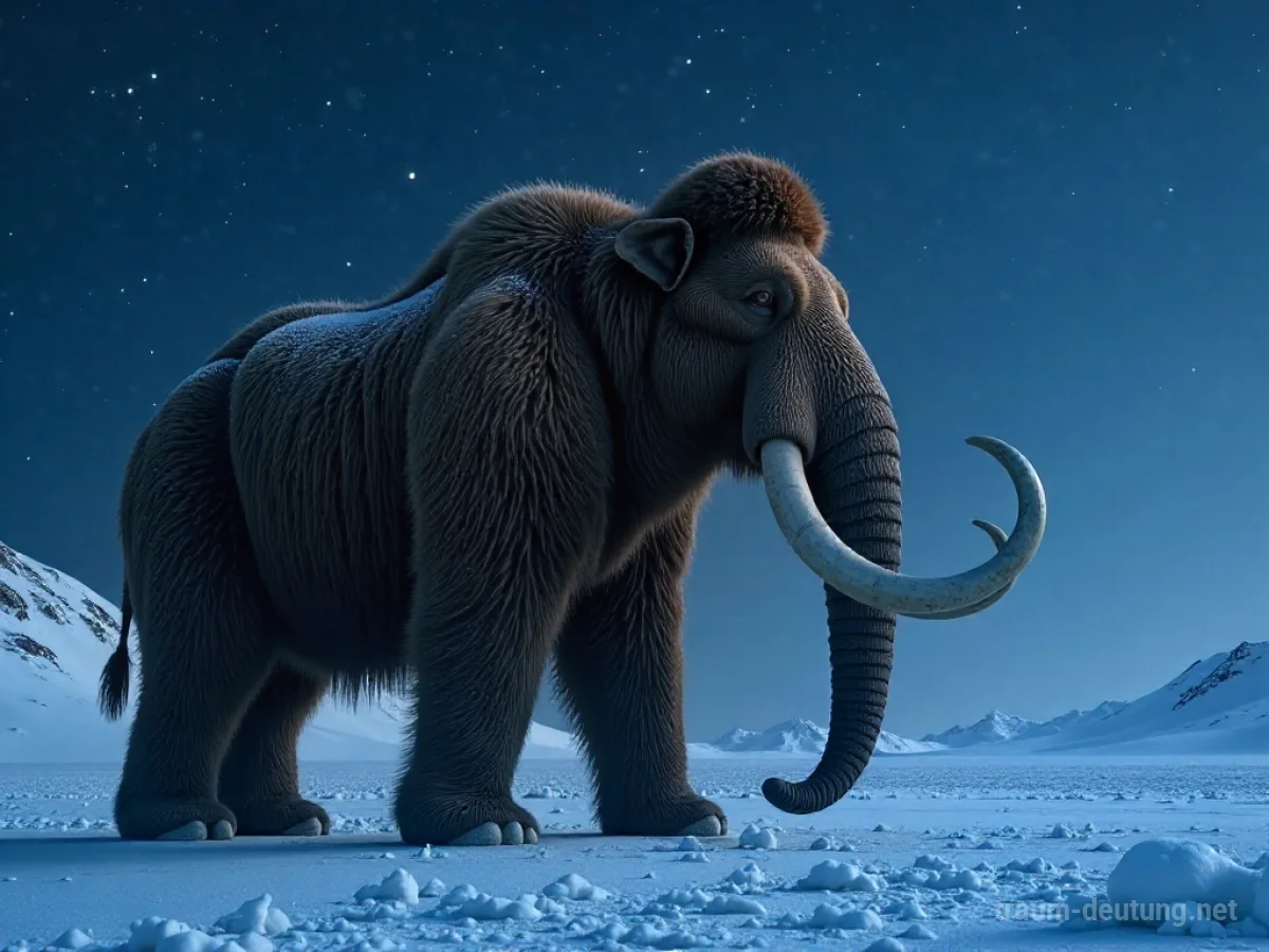 Traumsymbol Mammut: Ein majestätisches Wollhaarmammut steht in einer verschneiten Tundra unter klarem Sternenhimmel, beleuchtet von Mondlicht.