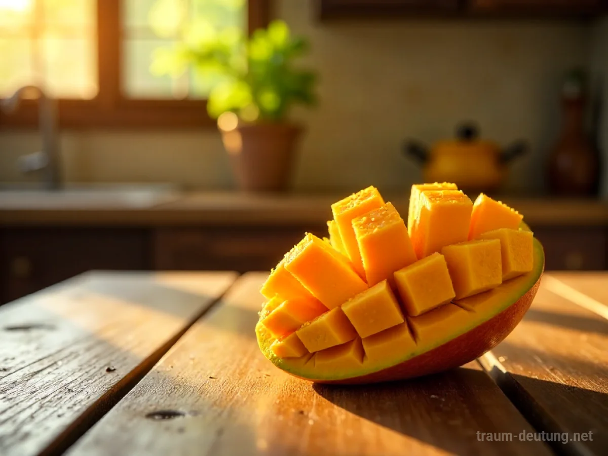 Traumsymbol Mango: Eine reife, leuchtend orangefarbene Mango liegt auf einem rustikalen Holztisch im warmen Sonnenlicht.