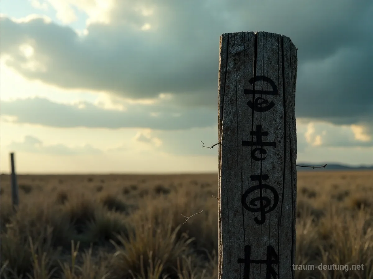 Traumsymbol Mark: Ein alter, verwitterter Holzzaunpfahl mit tiefen Symbolen und Zeichen steht einsam auf einem weiten Feld unter einem dramatischen Himmel.