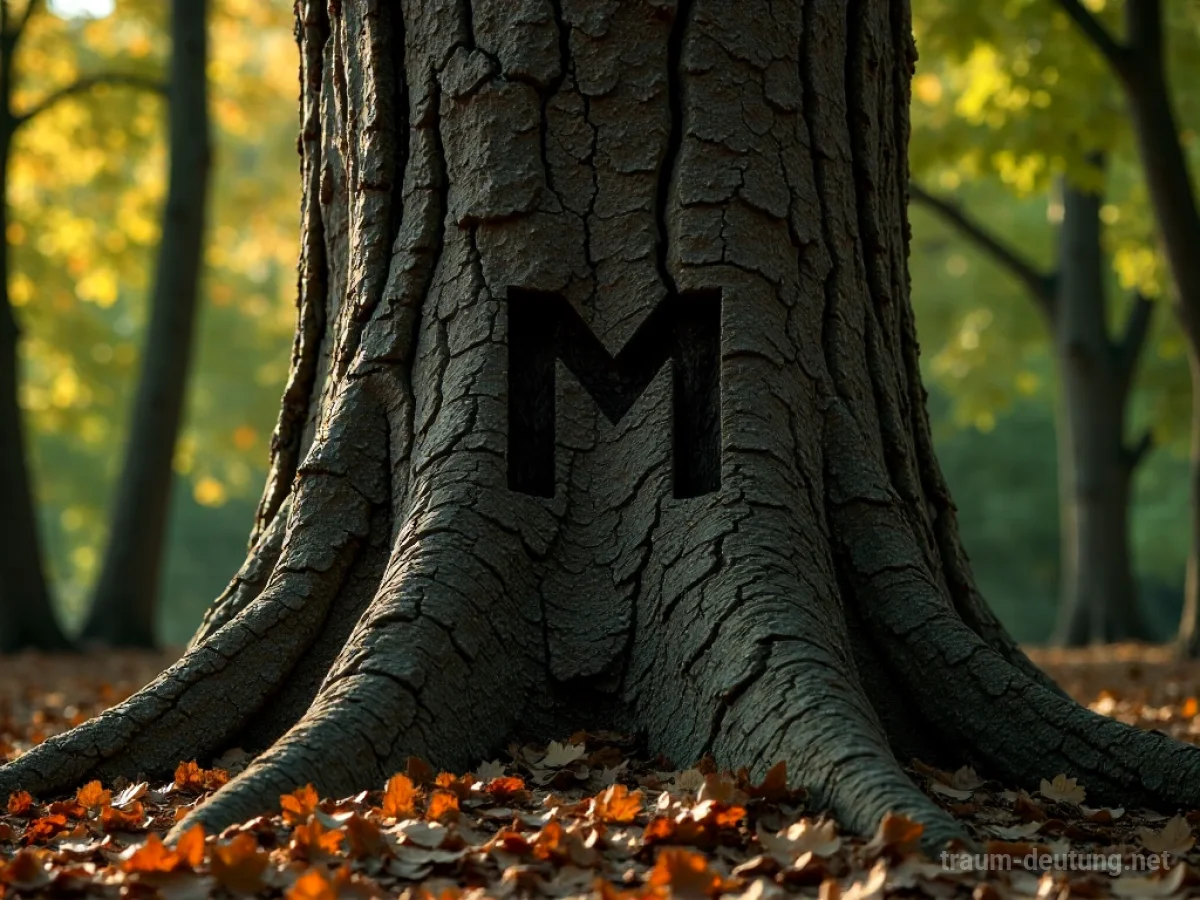 Traumsymbol Marke: Ein schwarzes Markenlogo ist tief in die Rinde eines alten Eichenbaumes eingeätzt, beleuchtet von gefiltertem Sonnenlicht.