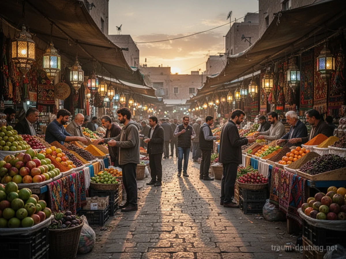 Traumsymbol Markt: Ein belebter Freiluftmarkt in der Dämmerung mit bunten Waren und Menschen, beleuchtet von Laternen.