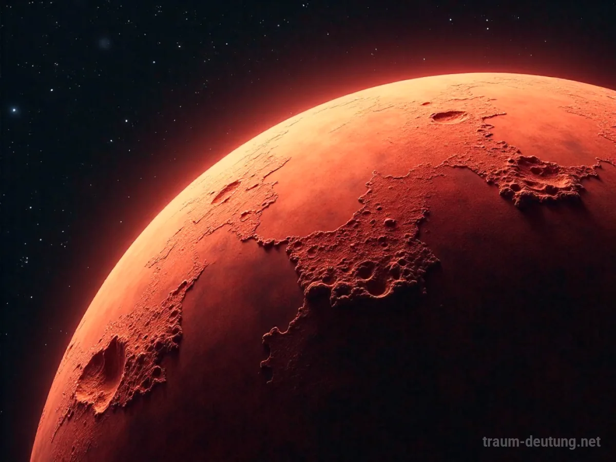 Traumdeutung Mars: Der rote Planet Mars mit Kratern und Canyons unter einem sternenklaren Himmel.