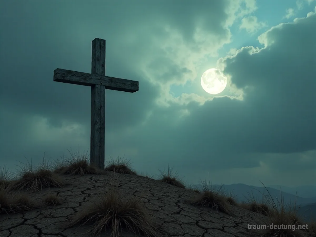 Traumsymbol Marter: Ein einzelnes, verwittertes Holzkreuz steht auf einem kahlen Hügel unter stürmischem Himmel, beleuchtet von mystischem Mondlicht.