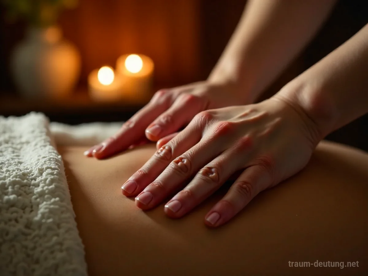 Traumdeutung Massage: Hände massieren sanft eine Schulter in einem schwach beleuchteten, ruhigen Spa-Raum mit warmem Licht und einer Kerze.