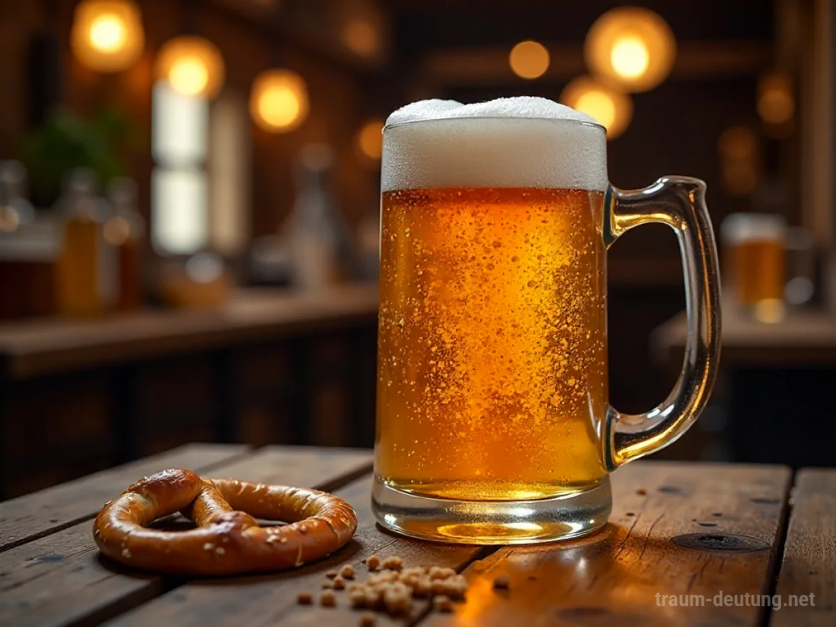 Traumdeutung Maßkrug: Ein voller Bierkrug steht auf einem Holztisch in einer urigen Bierhalle bei gedämpftem Licht.