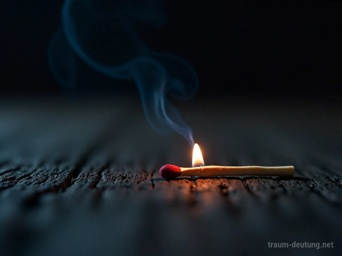 Traumsymbol Match: Ein einzelnes, unbeleuchtetes Holzstreichholz liegt auf dunklem Holz, mit einer zarten Glut an der Spitze, die ein warmes Licht wirft.