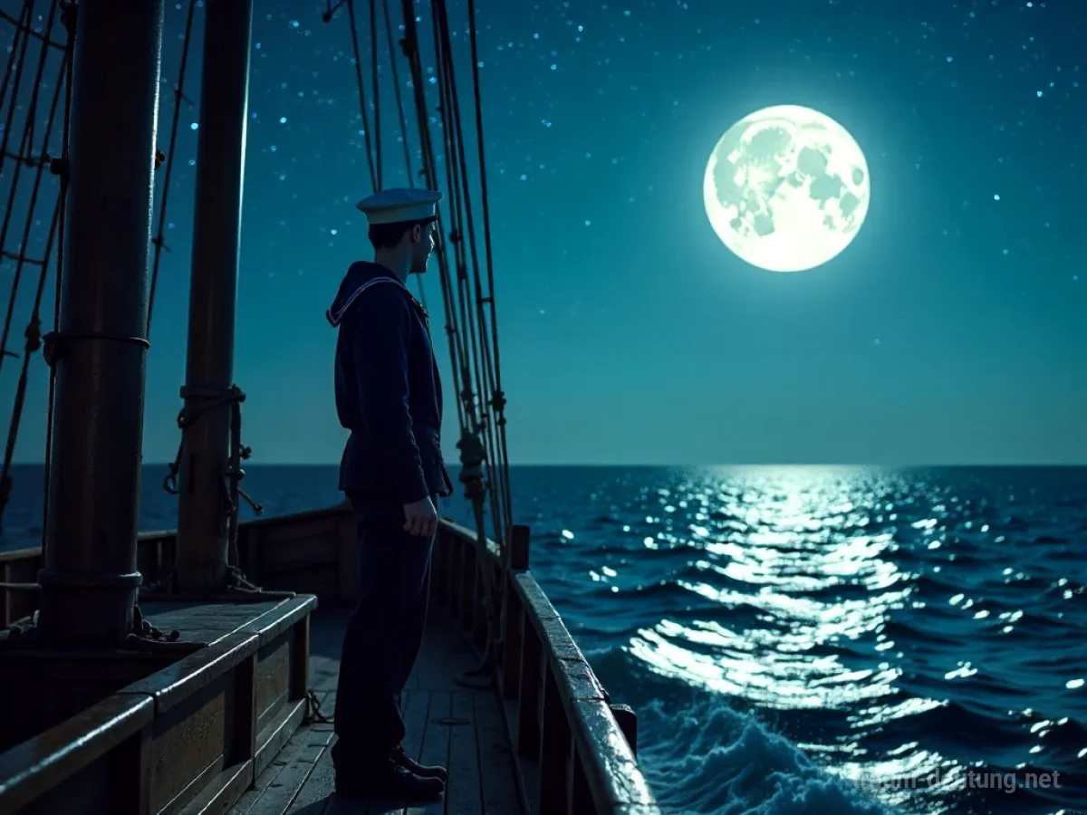 Traumdeutung Matrose: Ein einsamer Matrose steht auf dem Deck eines alten Segelschiffs unter einem sternenklaren Nachthimmel mit Vollmond.