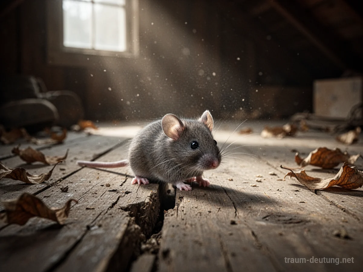 Traumsymbol Maus: Eine kleine, graue Feldmaus mit feinen Schnurrhaaren und wachsamen dunklen Augen lugt vorsichtig aus einem Spalt in einem alten Holzboden, beleuchtet von sanftem Sonnenlicht.