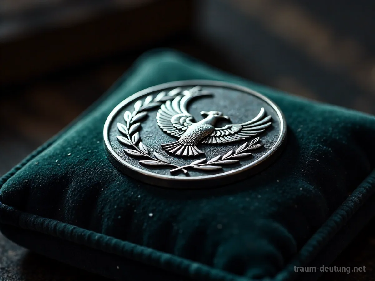 Traumsymbol Medaille: Eine antike Silbermedaille mit Lorbeerkranz und Phönix liegt auf einem dunklen Samtkissen im Scheinwerferlicht.