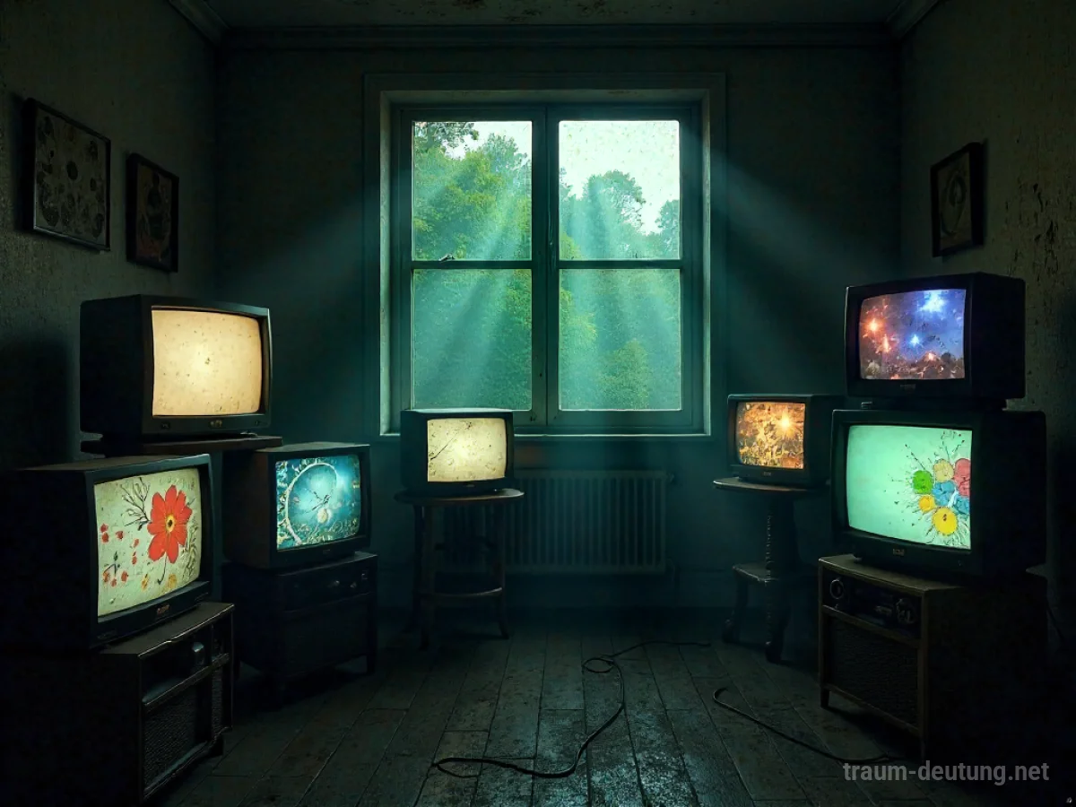 Traumdeutung Medien: Vintage Fernseher und Radios flackern in einem schummrigen Raum, beleuchtet von Mondlicht, das durch ein staubiges Fenster fällt.