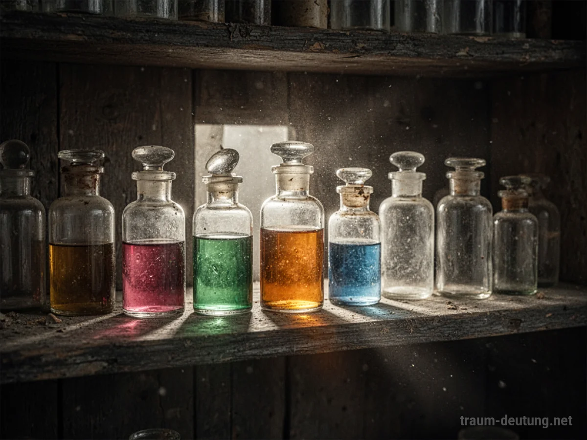 Traumsymbol Medizin: Antike Glasflaschen mit bunten Flüssigkeiten stehen auf einem dunklen Holzregal, beleuchtet von einem geheimnisvollen Licht.