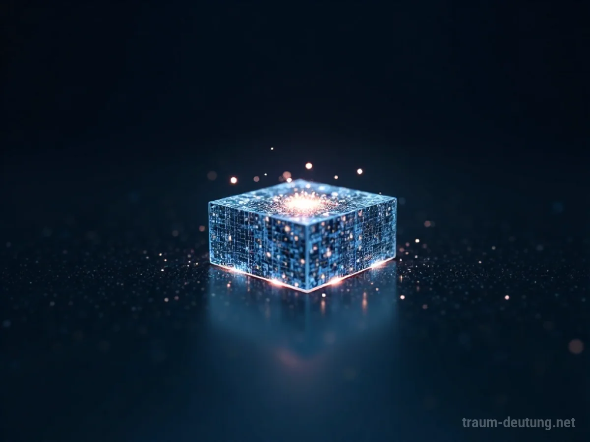 Traumsymbol Megabyte: Ein einzelner, leuchtender Megabyte-Datenblock schwebt in einer dunklen, abstrakten digitalen Leere mit schimmernden Lichtpartikeln.