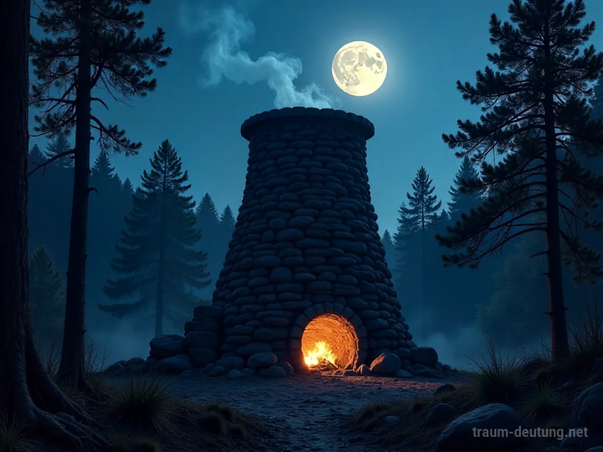 Traumsymbol Meiler: Ein hoher, alter Holzkohlenmeiler aus groben Steinen und Erde steht in einer mondbeschienenen Waldlichtung, aus dessen Spitze Rauch aufsteigt.
