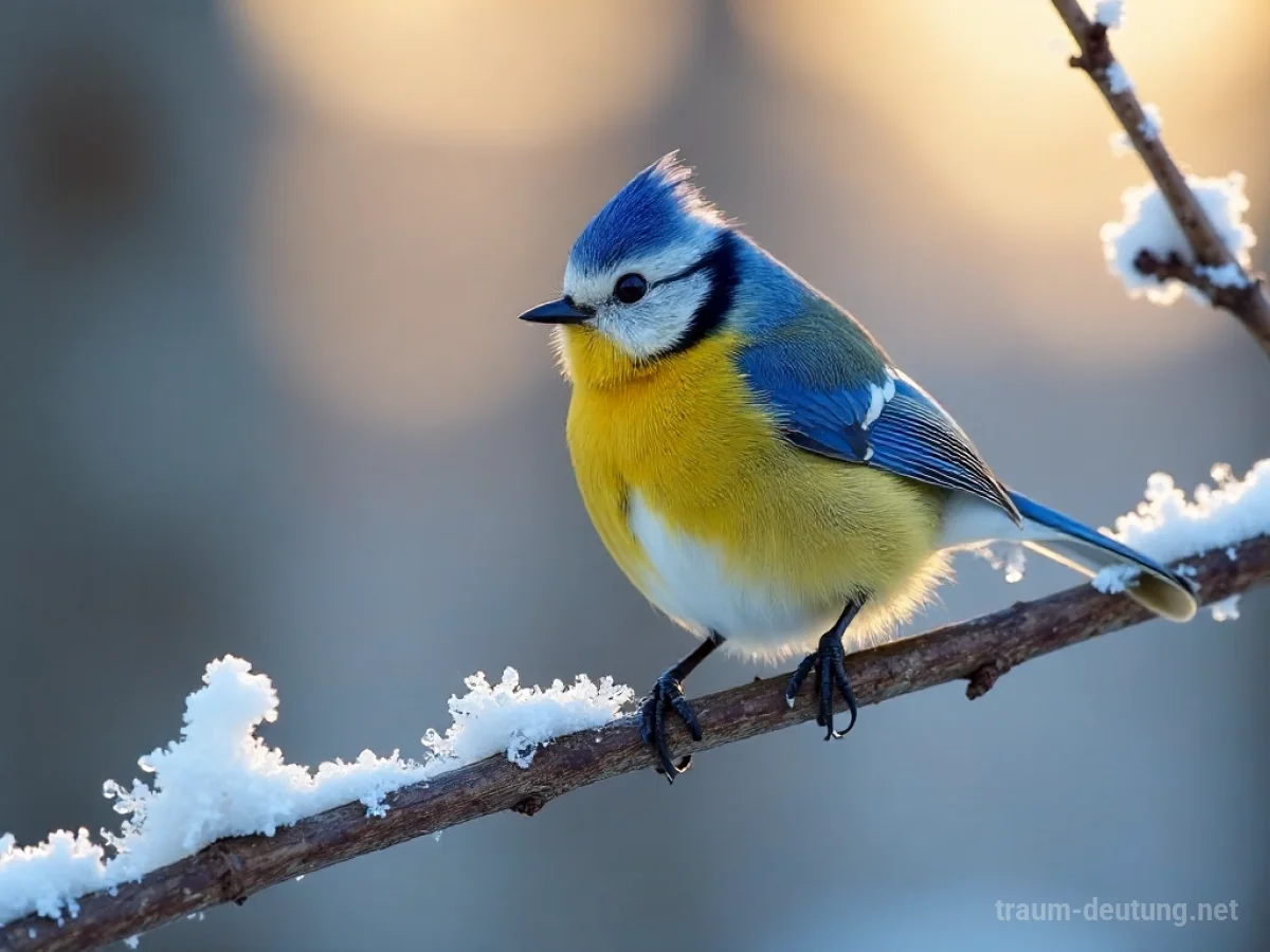 Traumsymbol Meise: Eine kleine Blaumeise sitzt auf einem schneebedeckten Birkenast im sanften Morgenlicht eines Winterwaldes, mit scharfen Details.