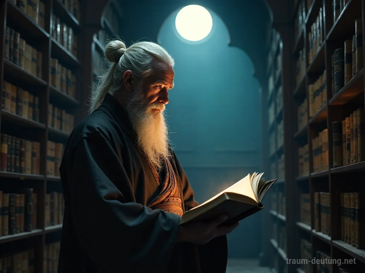 Traumdeutung Meister: Ein weiser, älterer Meister mit weißem Bart steht in einer alten, mondbeschienenen Bibliothek und hält ein leuchtendes Buch.