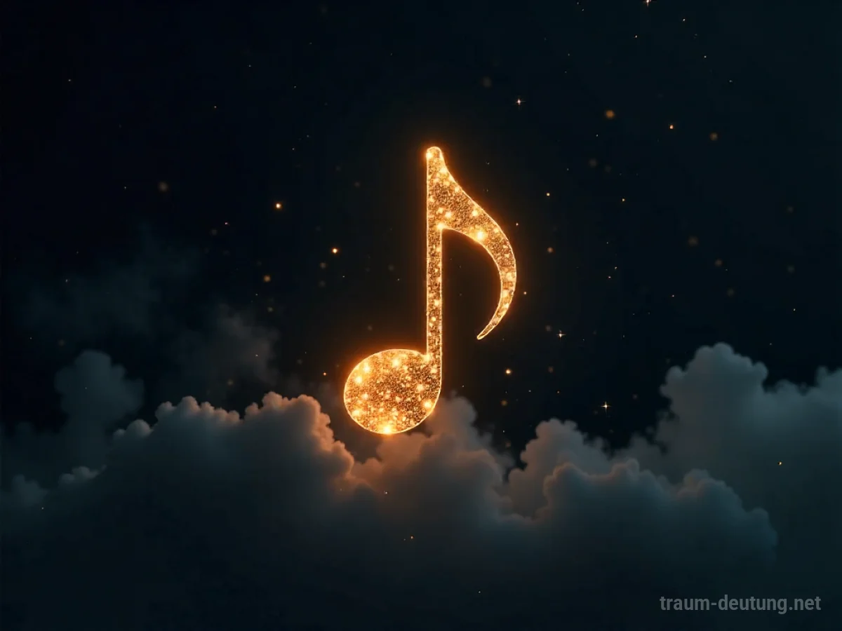 Traumsymbol Melodie: Eine leuchtende goldene Musiknote schwebt in einem dunklen, nebelverhangenen Raum.