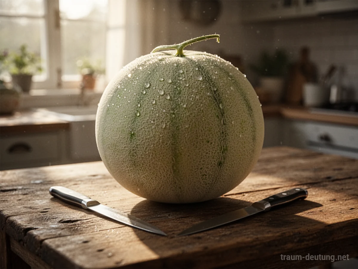 Traumsymbol Melone: Eine reife Honigmelone liegt auf einem Holztisch im sanften Morgenlicht, daneben ein Messer.