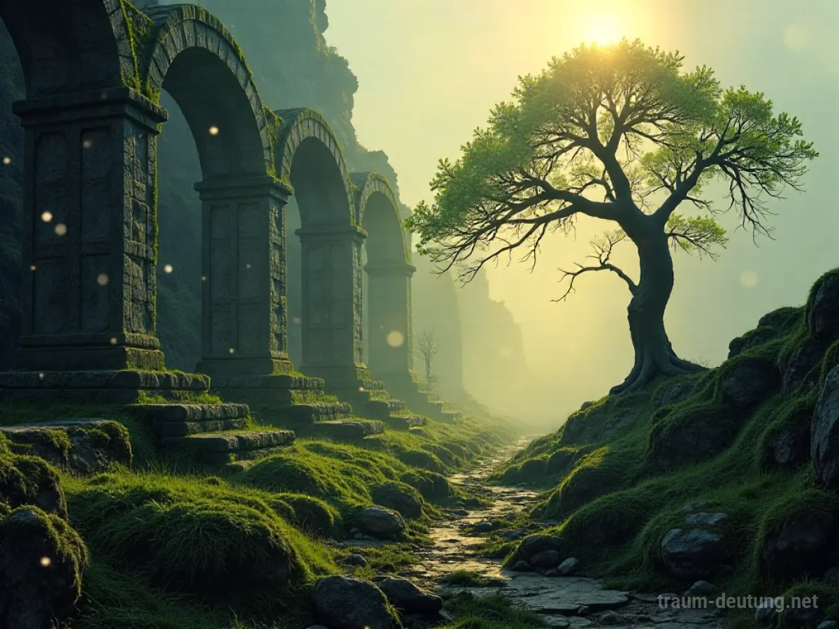 Traumsymbol Meme: Fragmentierte digitale Memes leuchten auf alten Ruinen in einer nebligen Landschaft, beleuchtet von gefiltertem Sonnenlicht.