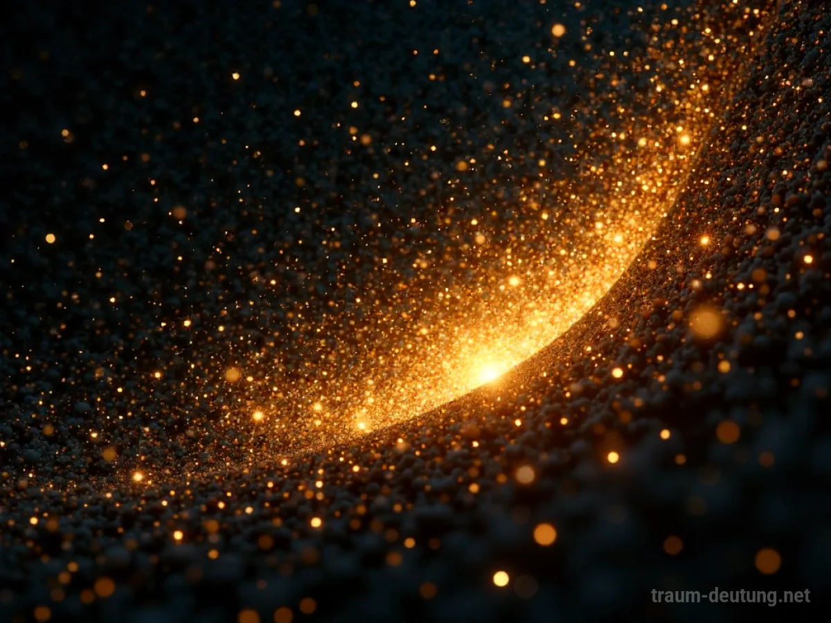 Traumsymbol Menge: Unzählige winzige, schimmernde goldene Partikel formen einen abstrakten Schwarm in einer dunklen, unendlichen Leere, beleuchtet von einem sanften, ätherischen Licht.