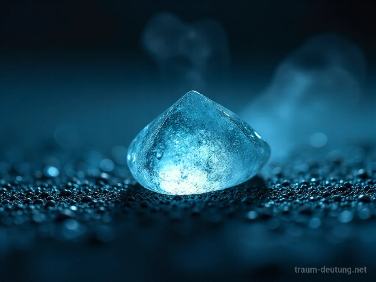 Traumsymbol Menthol: Ein einzelner, klarer Mentholkristall liegt auf dunklem Samt, beleuchtet von kühlem Licht und umgeben von einem leichten Nebel.