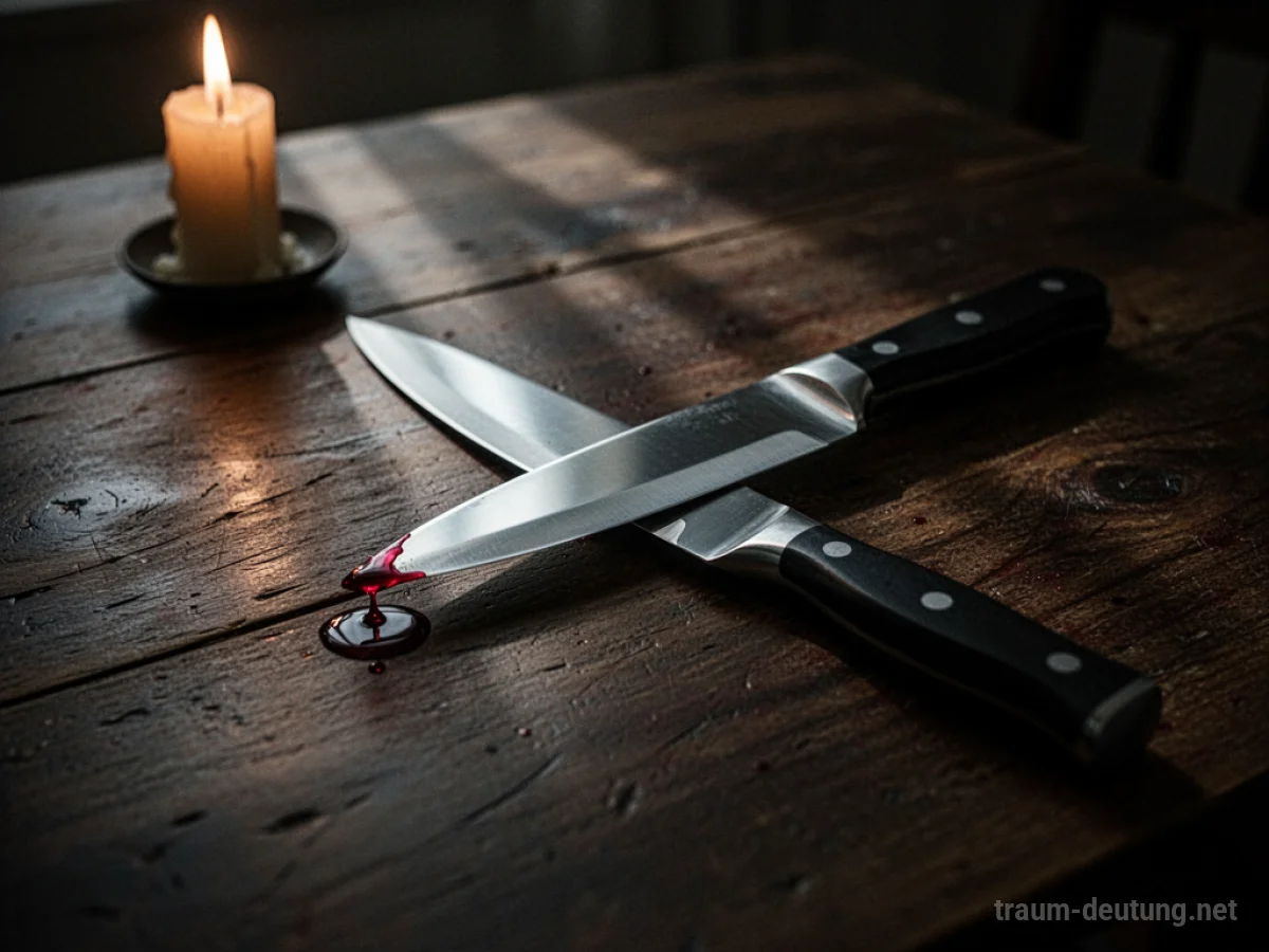 Traumsymbol Messer: Ein glänzendes, scharfes Küchenmesser liegt auf einem dunklen Holztisch, beleuchtet von Kerzenschein, mit einem einzelnen Tropfen Blut auf der Klinge.