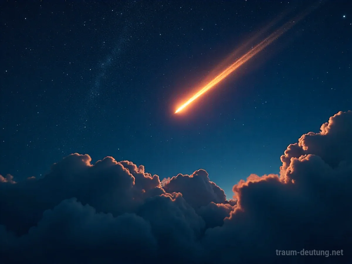 Traumsymbol Meteor: Ein gleißender Meteor durchschneidet einen sternenübersäten Nachthimmel, beleuchtet dramatische Wolken und symbolisiert plötzliche Veränderungen.