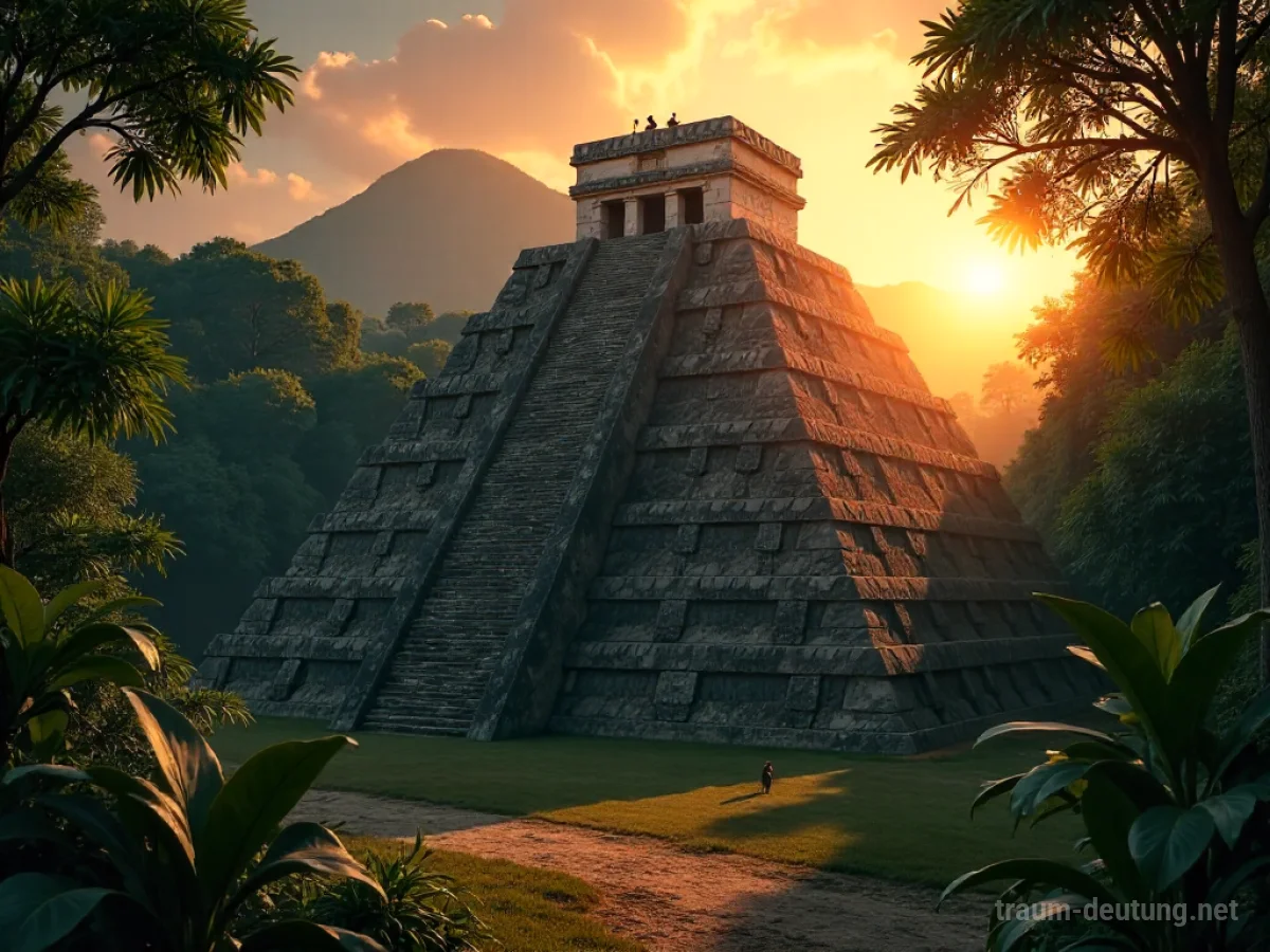 Traumsymbol Mexiko: Eine alte Maya-Pyramide in üppiger Dschungelvegetation, beleuchtet vom warmen Licht der untergehenden Sonne, mit mystischer Atmosphäre.