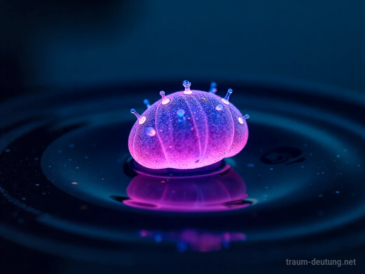 Traumsymbol Mikrobe: Eine einzelne, biolumineszente Mikrobe schwebt in einer dunklen, viskosen Flüssigkeit, beleuchtet von ihrem eigenen sanften Glühen.